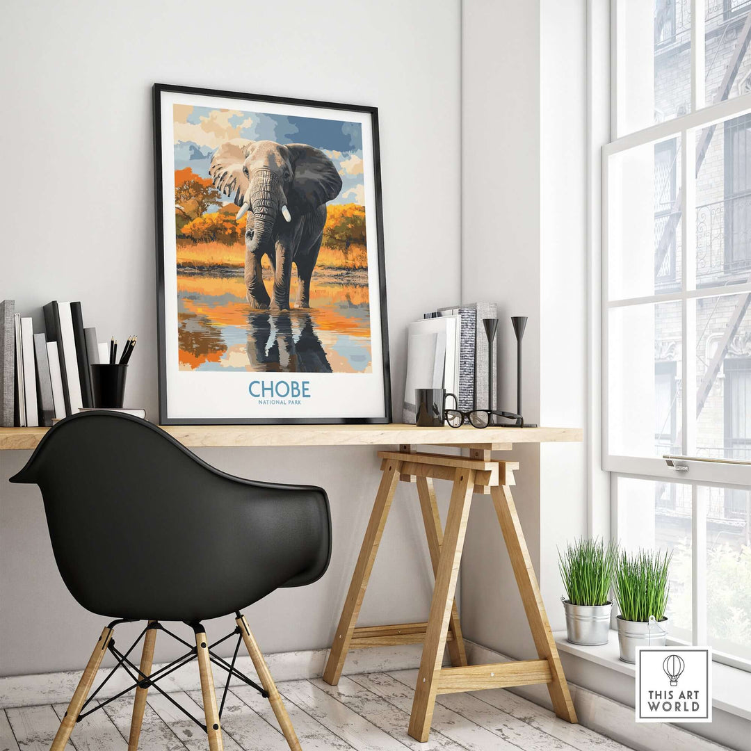 Botswana elephant print in elegant home office with modern decor, showcasing Chobe National Park wildlife.