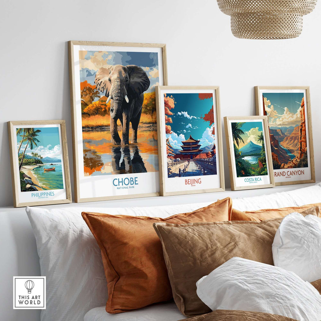 Stylish wall decor featuring Chobe elephant print among global travel posters.