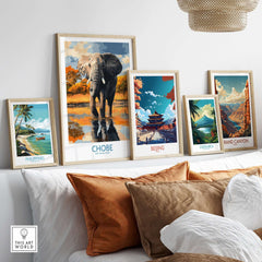 Botswana Elephant Print - Chobe National Park Wildlife Poster Wall Decor displayed in a stylish home setting.
