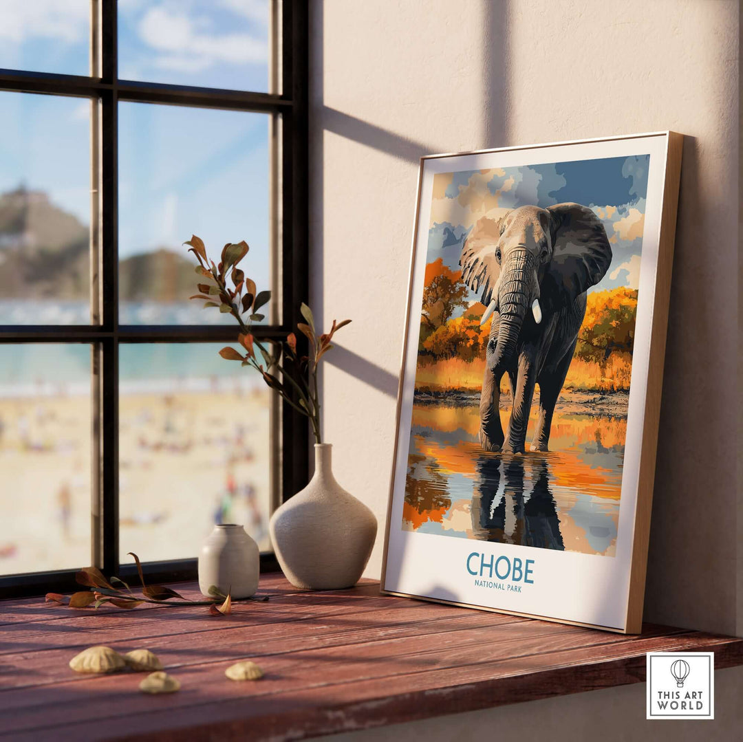 Botswana elephant print showcasing Chobe National Park wildlife art in a cozy home setting.