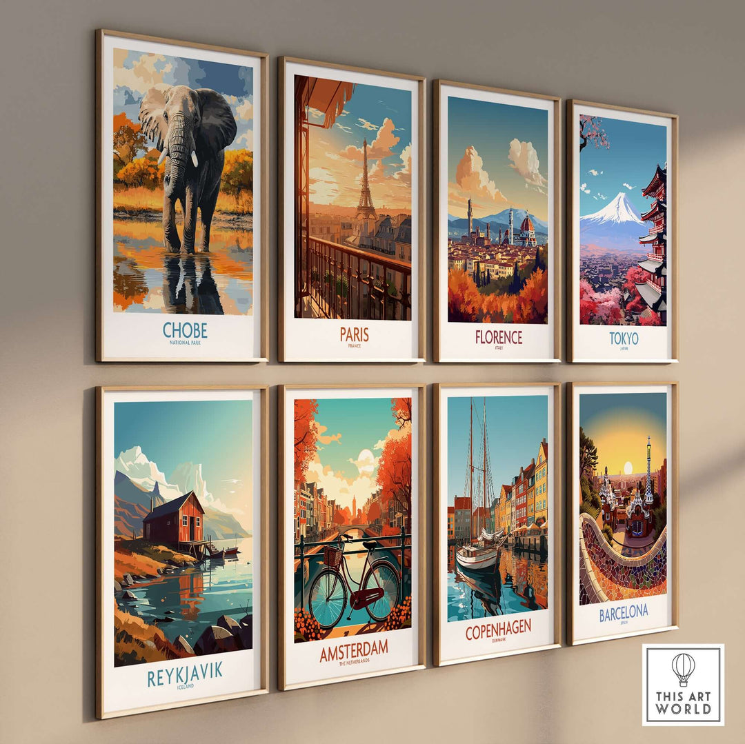 Chobe National Park elephant poster among cityscape wall art designs, featuring Paris, Florence, Tokyo, and more.