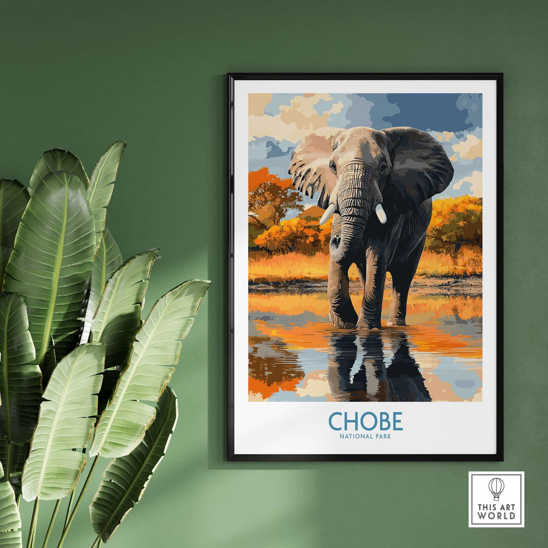 Botswana elephant print poster featuring Chobe National Park wildlife decor, showcasing an elephant by the water.