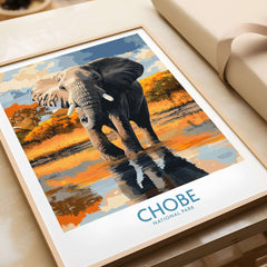 Botswana Elephant Print - Chobe National Park Wildlife Poster Wall Decor featuring an elephant by the water in Chobe National Park.