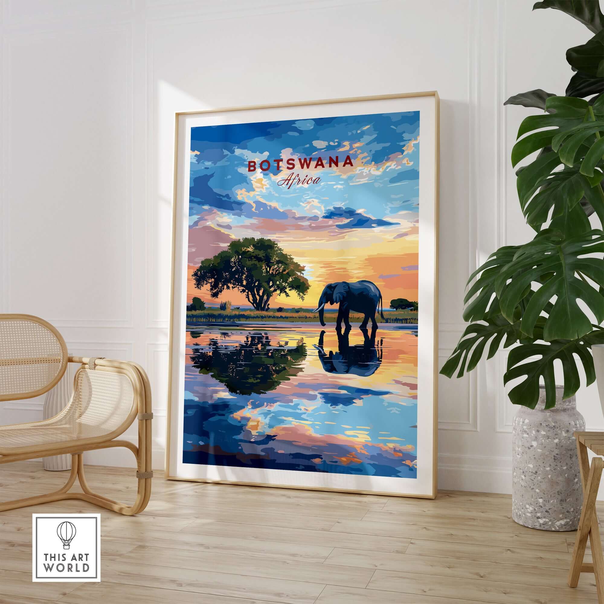 Botswana Elephant Sunset Art Print - African Wildlife Wall Decor in a stylish modern home setting, showcasing vibrant colors.