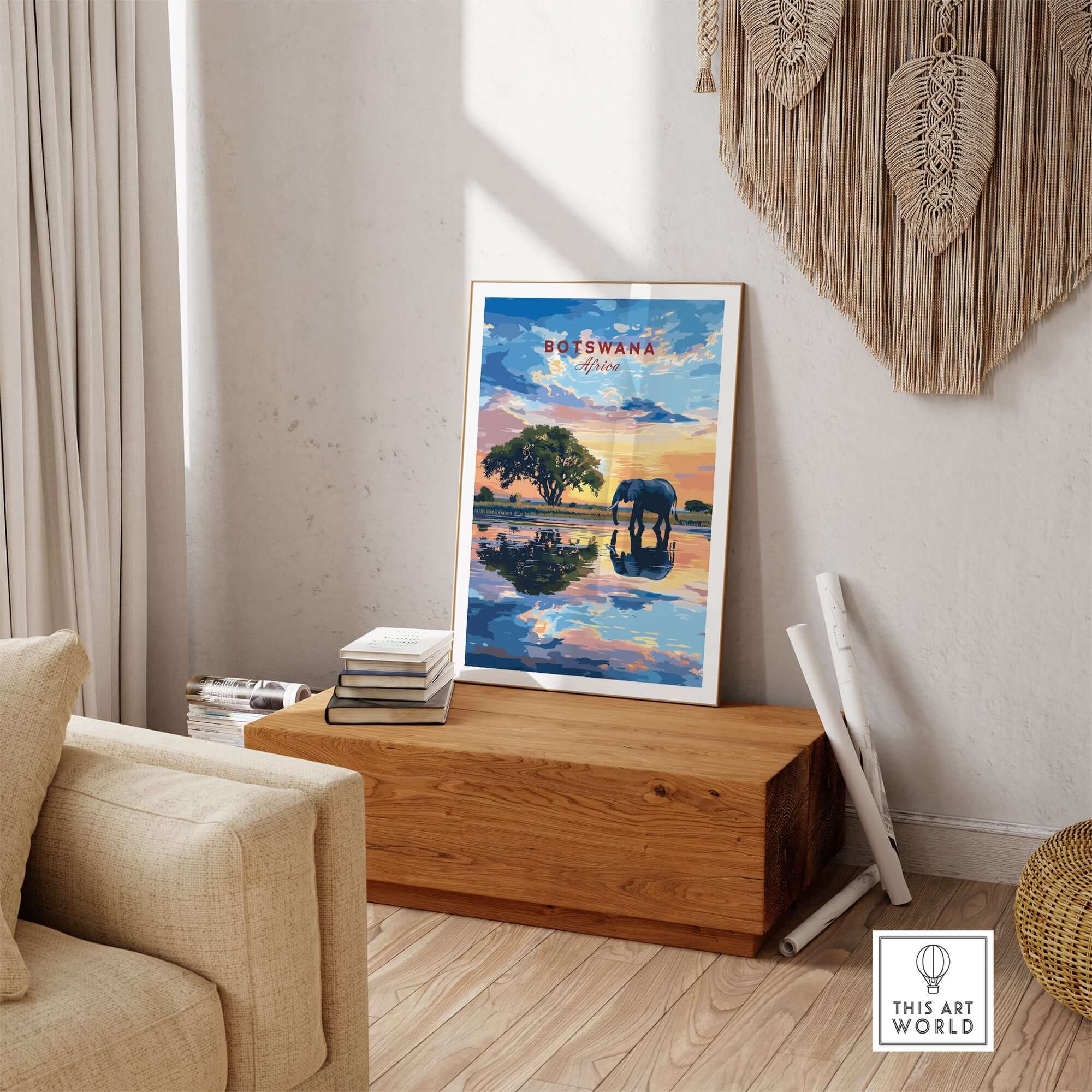 Botswana Elephant Sunset Art Print - African Wildlife Wall Decor displayed in a stylish living room setting.