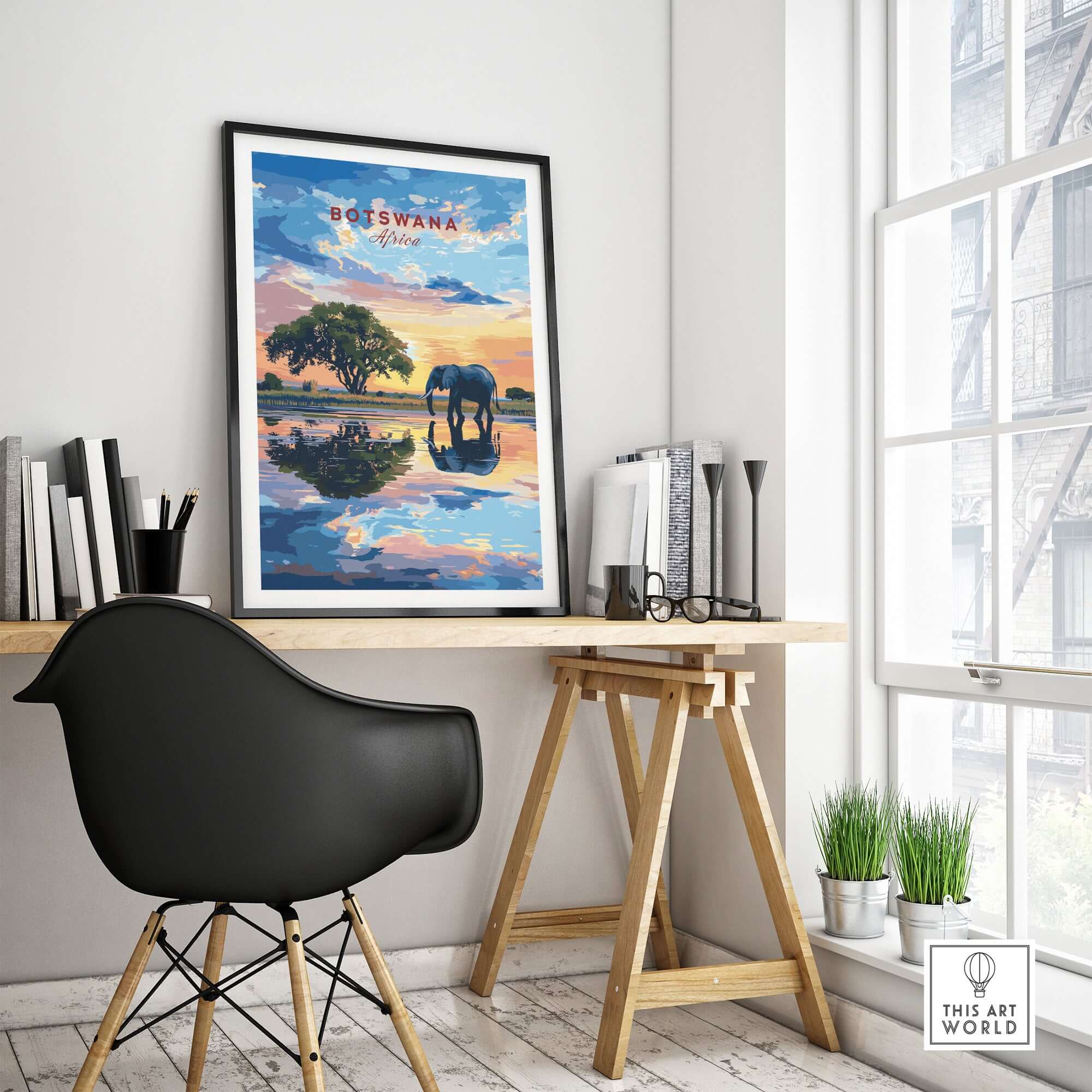 Botswana Elephant Sunset Art Print - African Wildlife Wall Decor displayed in a stylish home office setting.