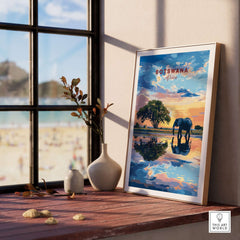 Botswana Elephant Sunset Art Print - African Wildlife Wall Decor in a bright room with a view of the beach.