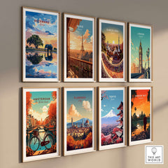 Botswana Elephant Sunset Art Print - African Wildlife Wall Decor displayed with vibrant city art prints.