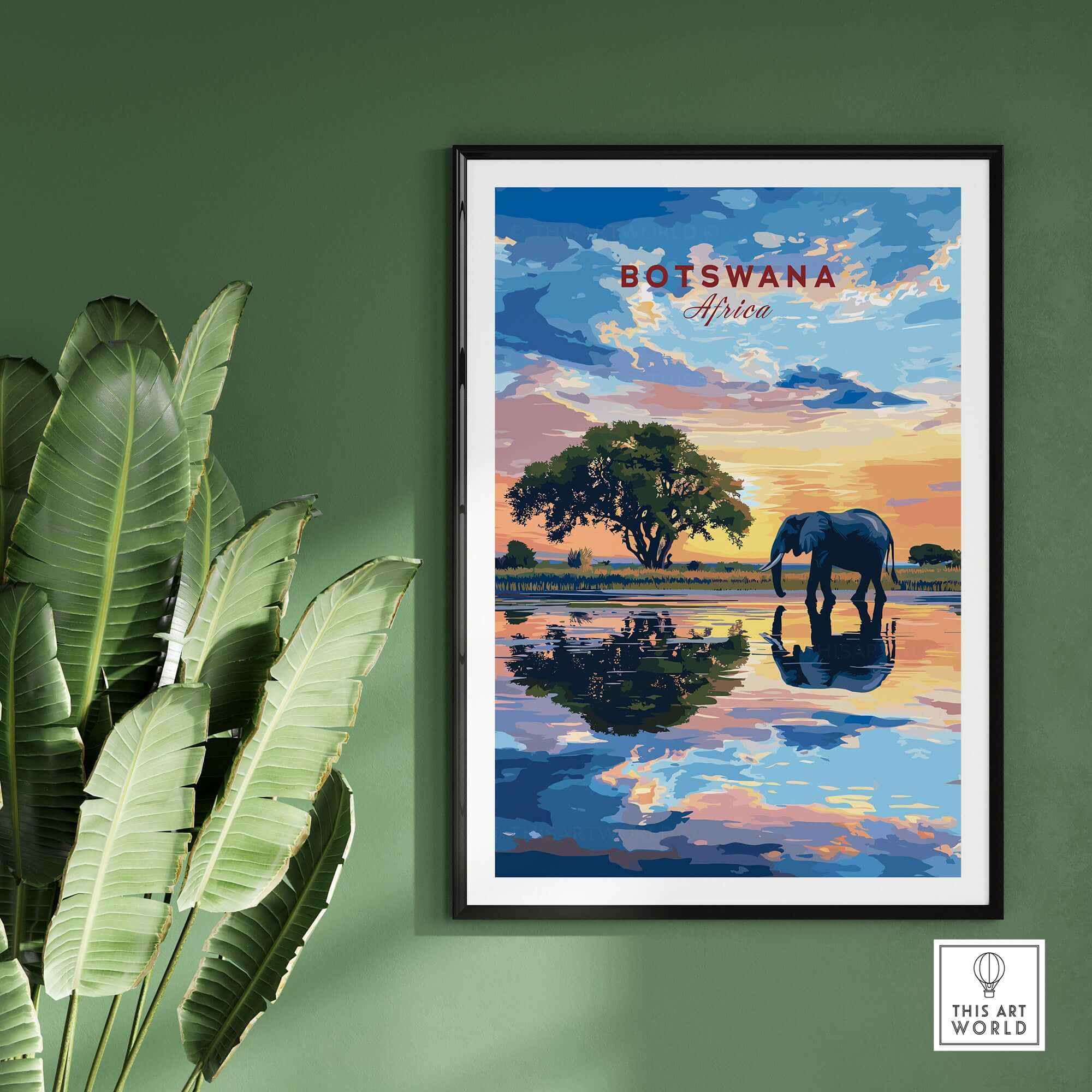 Botswana Elephant Sunset Art Print - African Wildlife Wall Decor showcasing an elephant by a sunset reflection.