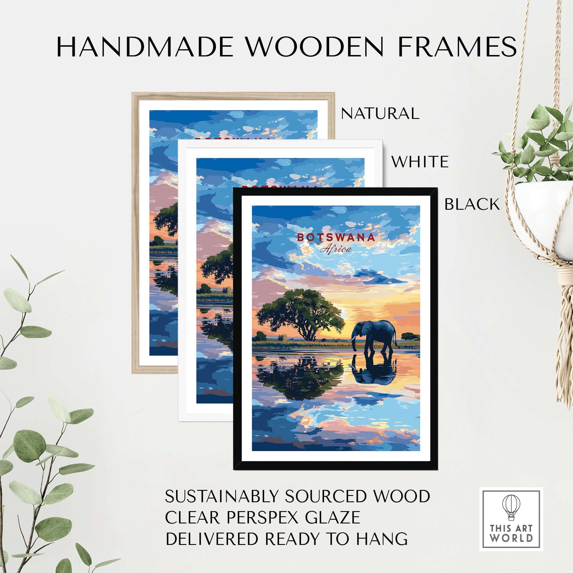 Botswana Elephant Sunset Art Print - African Wildlife Wall Decor in handmade wooden frames.