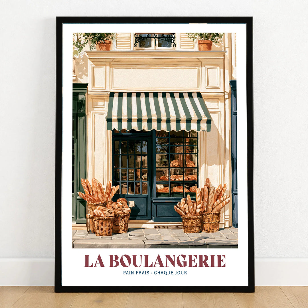 French Boulangerie Bakery Wall Art - art print in black frame on wooden floor