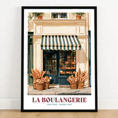 French Boulangerie Bakery Wall Art - art print in black frame on wooden floor