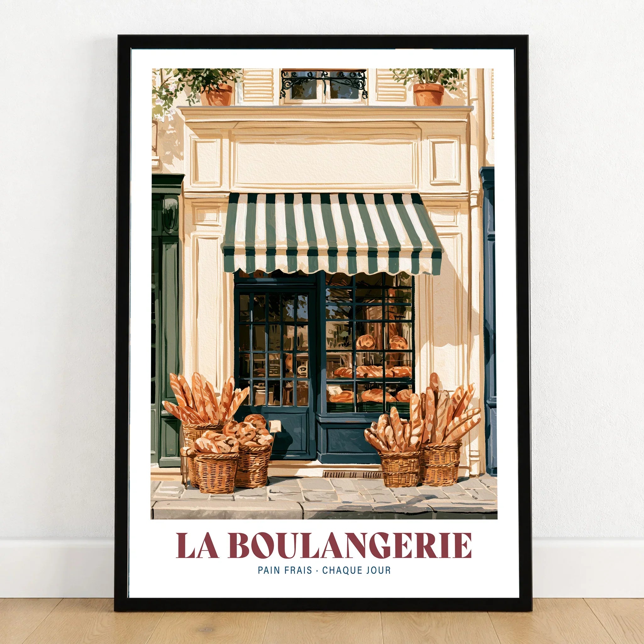 French Boulangerie Bakery Wall Art - art print in black frame on wooden floor