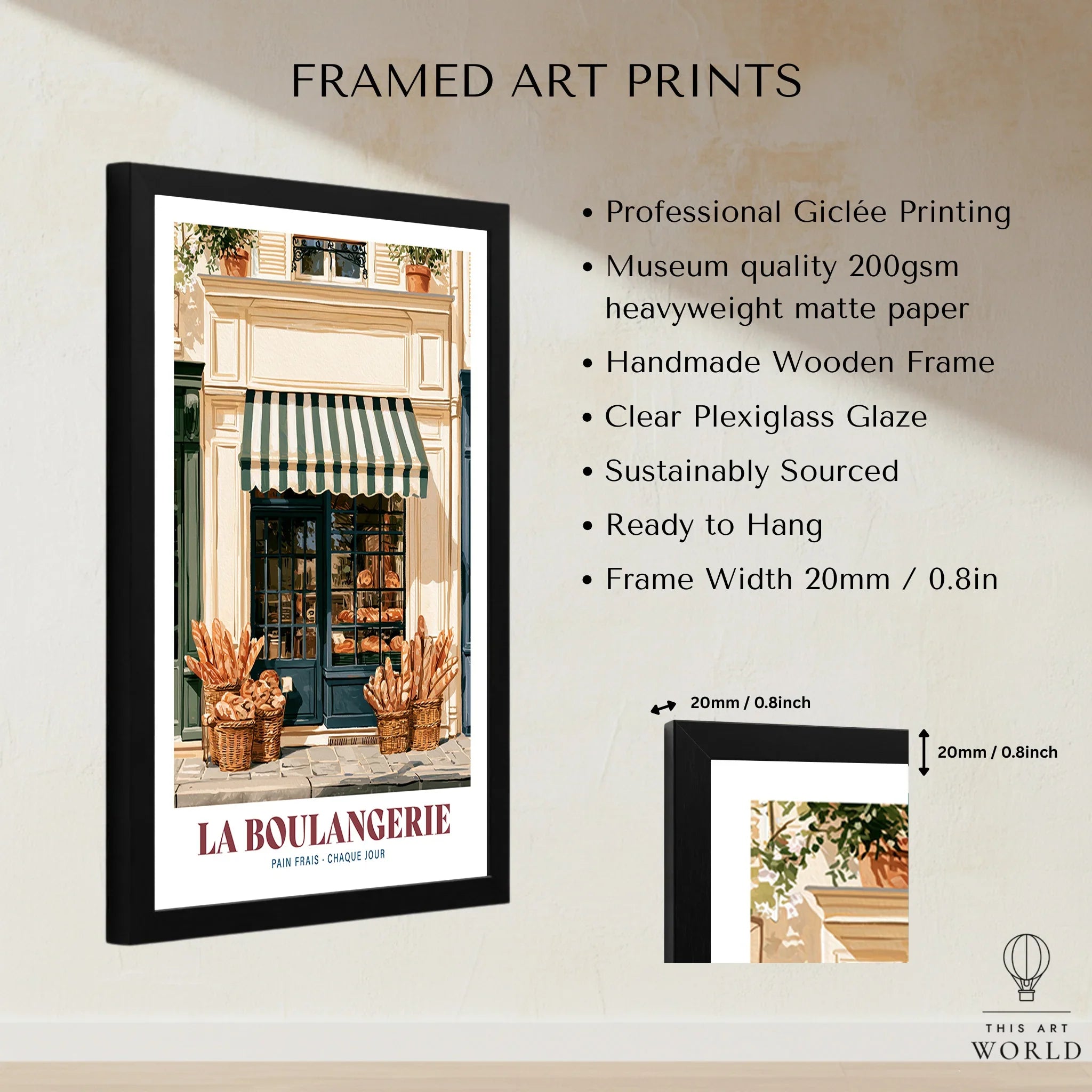 French Boulangerie Bakery Wall Art - framed print details measurements quality details