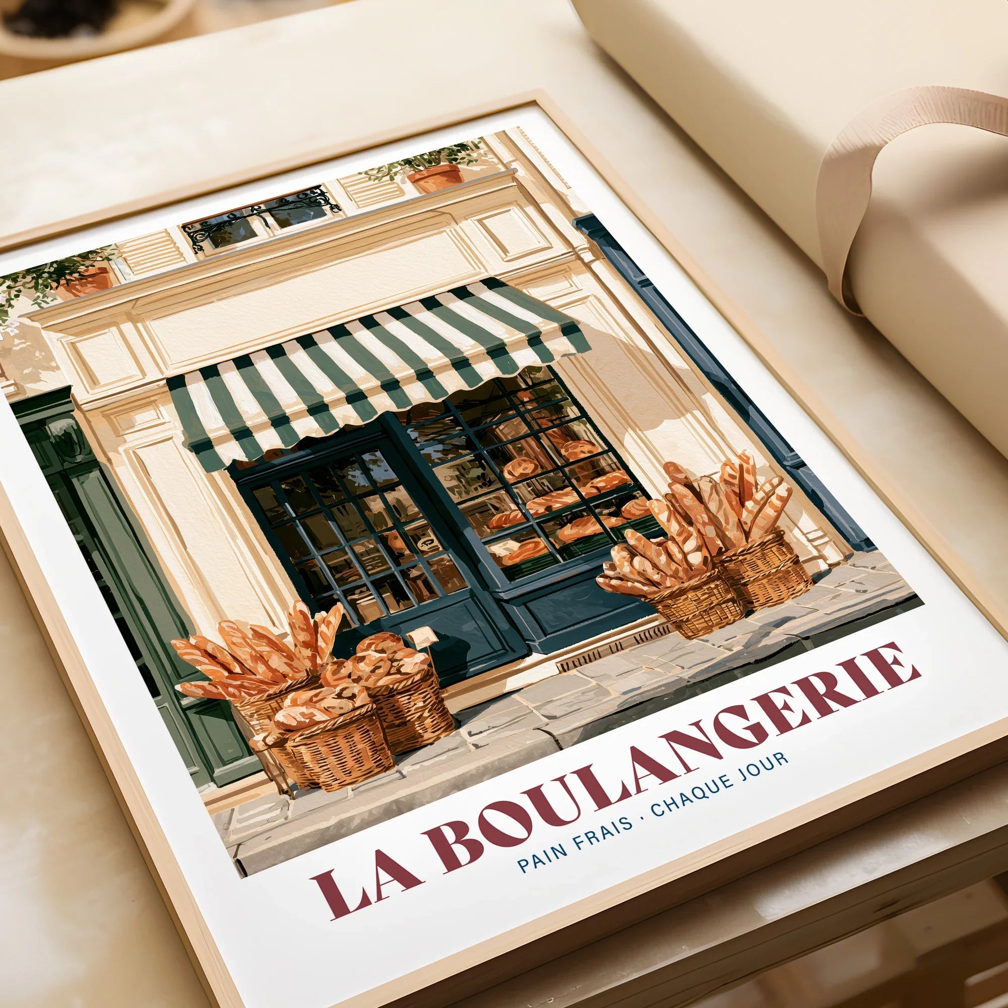 French Boulangerie Bakery Wall Art - framed art print closeup gift unwrapped natural frame