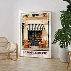 French Boulangerie Bakery Wall Art - large framed print room setting chair plant