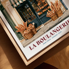 French Boulangerie Bakery Wall Art - closeup framed canvas natural wood floating frame