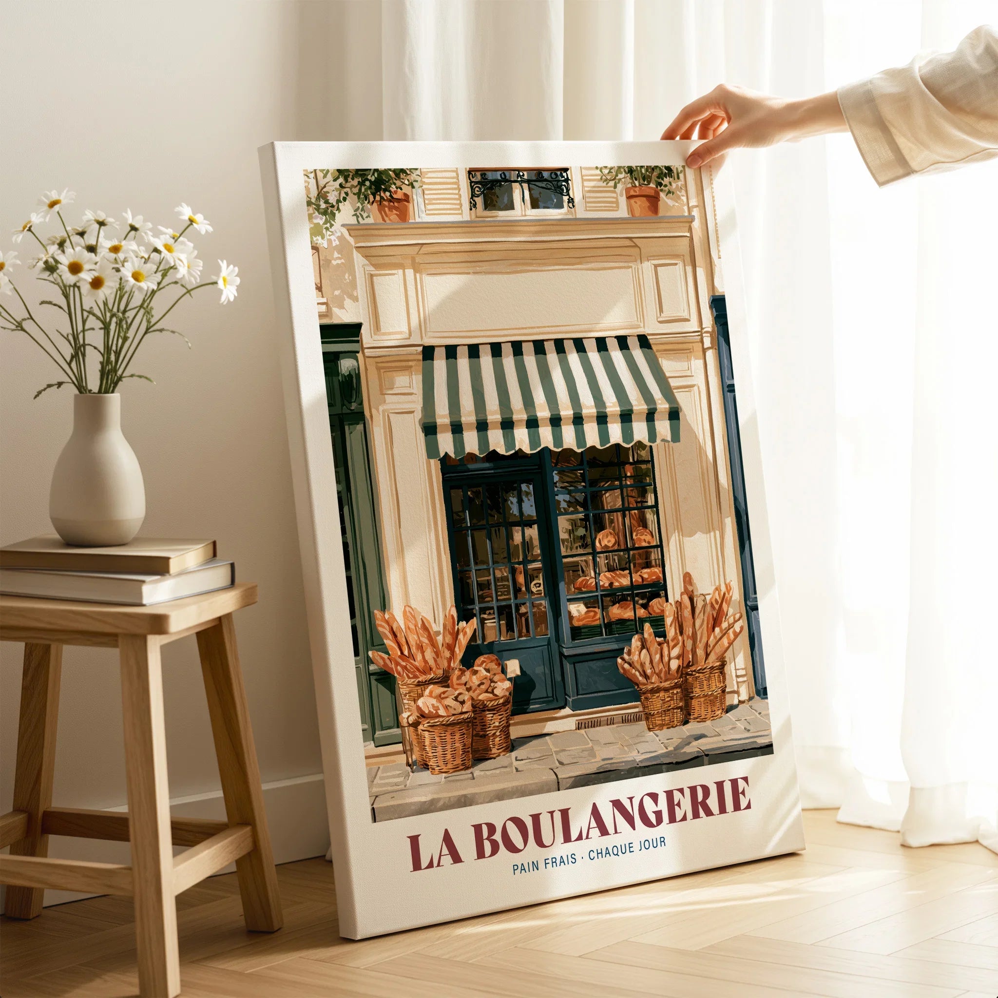 French Boulangerie Bakery Wall Art - canvas print mirror edge hand holding room setting