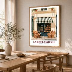 French Boulangerie Bakery Wall Art - dining room framed print natural wood frame mockup ThisArtWorld