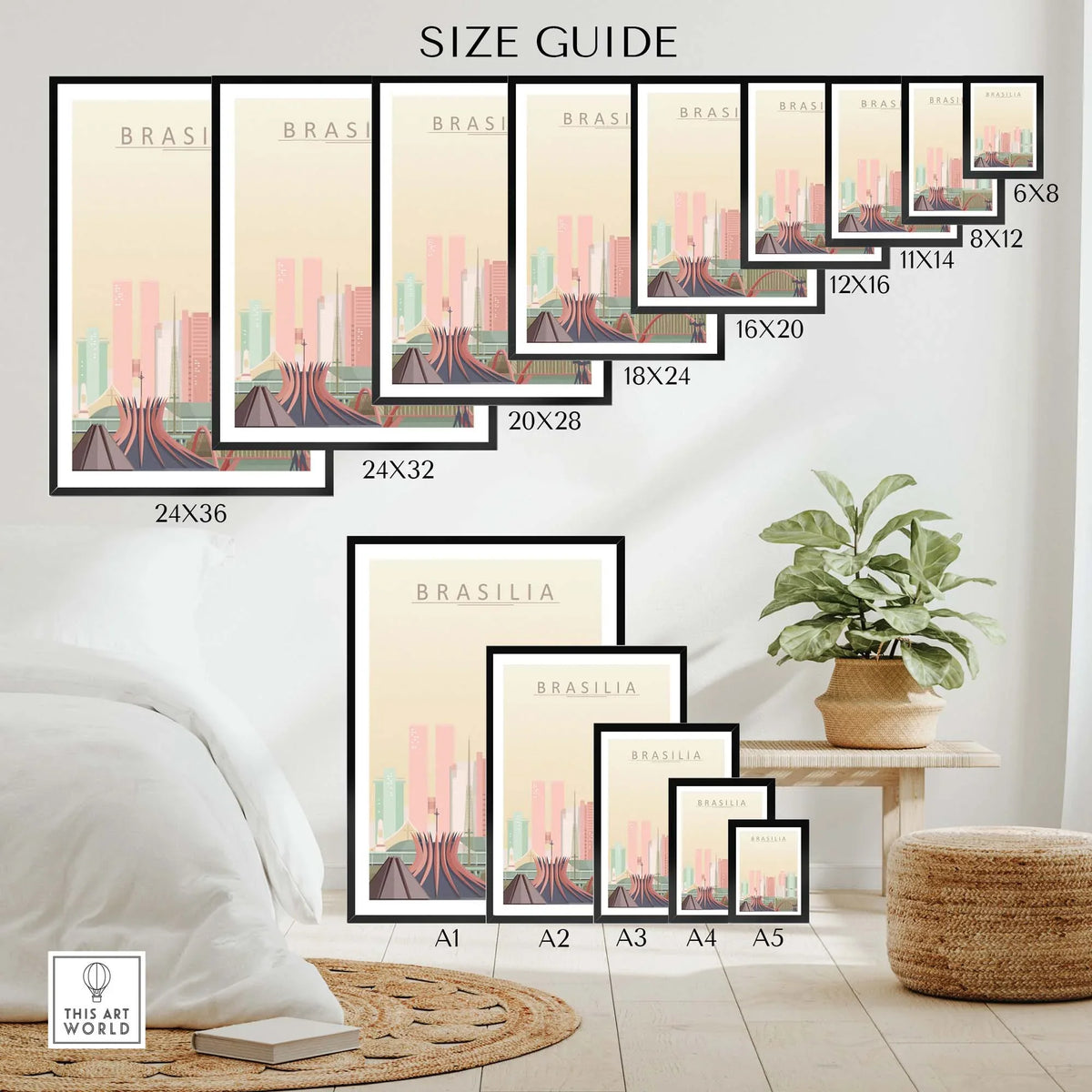 Size guide for Brasilia Poster, showcasing various sizes and room decor with a modern city skyline.