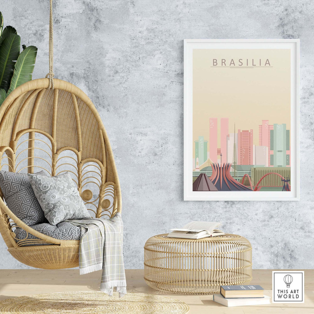 Brasilia poster featuring city skyline in pastel colors, displayed in a modern living room with a hanging chair.