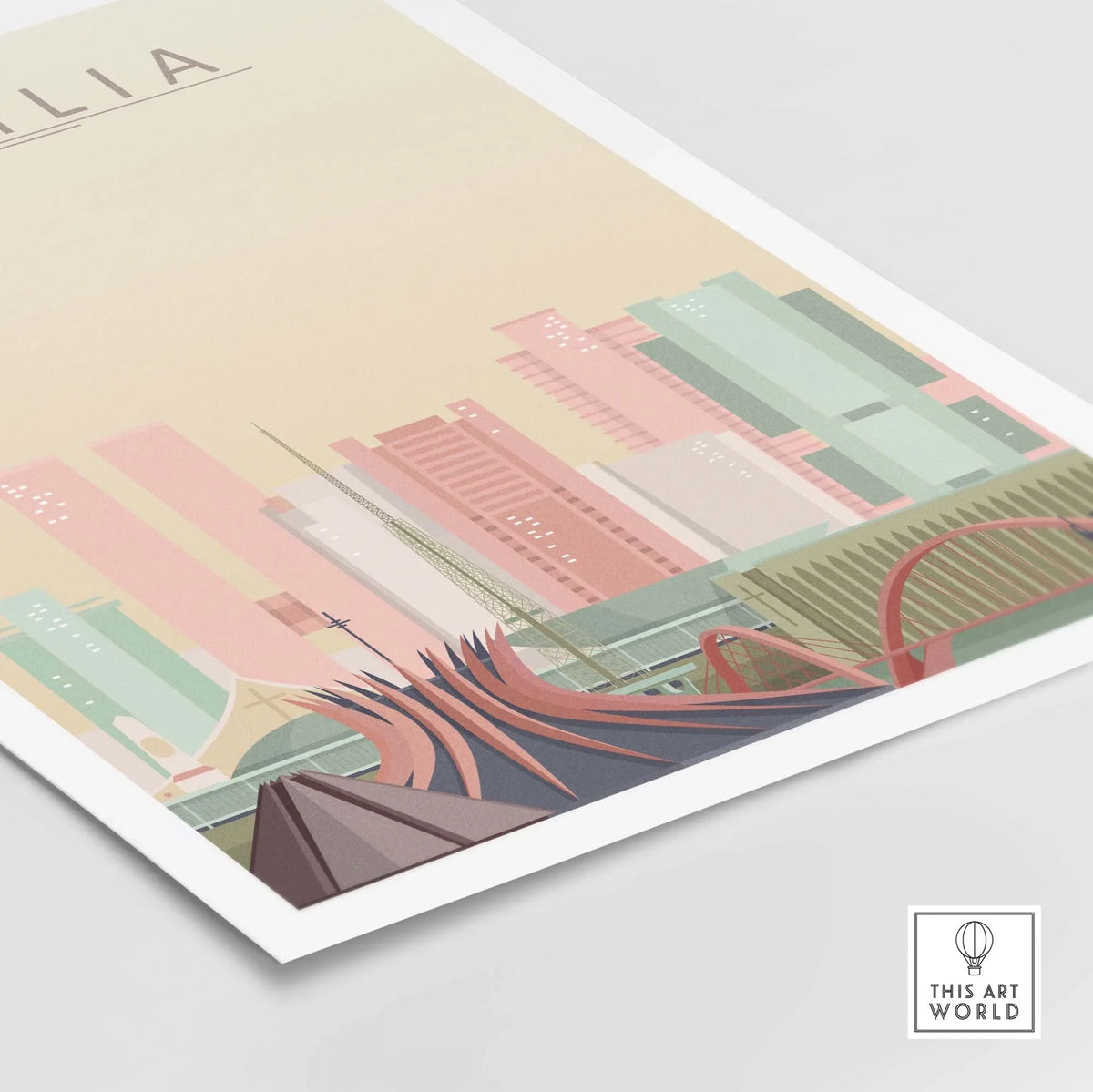 Brasilia Poster featuring a vibrant city skyline wall art print with pastel colors and modern architectural elements.