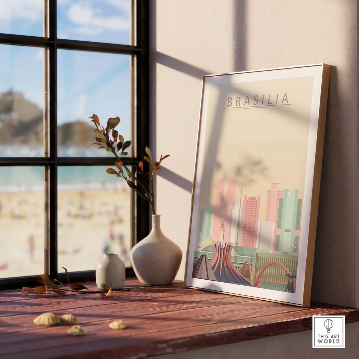 Brasilia poster displayed on a wooden shelf, showcasing a colorful city skyline art print in a bright room.