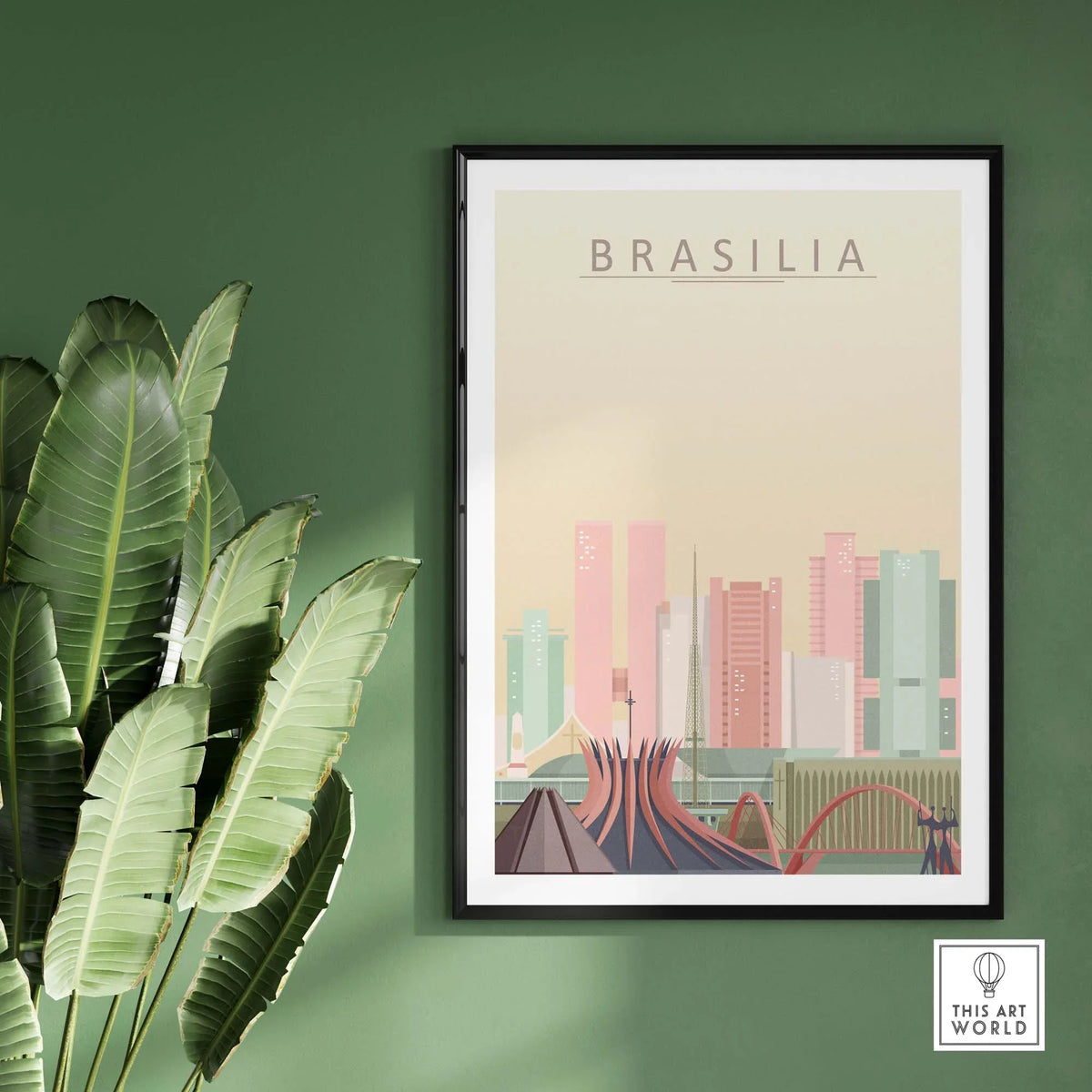 Brasilia city skyline poster on green wall, vibrant wall art print showcasing Brazil's capital.
