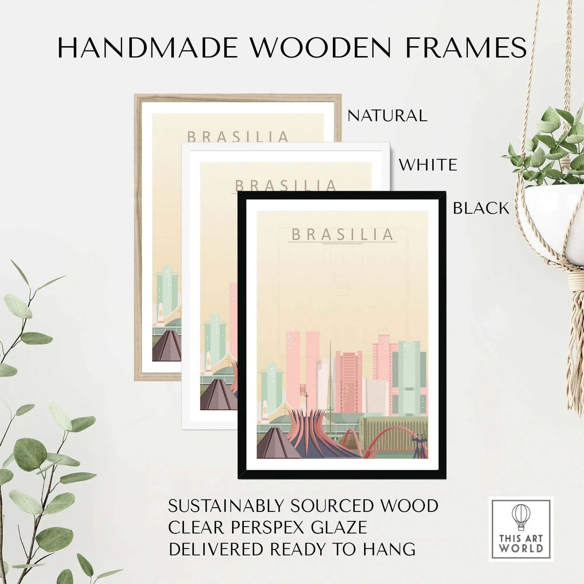 Handmade wooden frames for Brasilia poster in natural, white, and black finishes, featuring sustainably sourced wood.