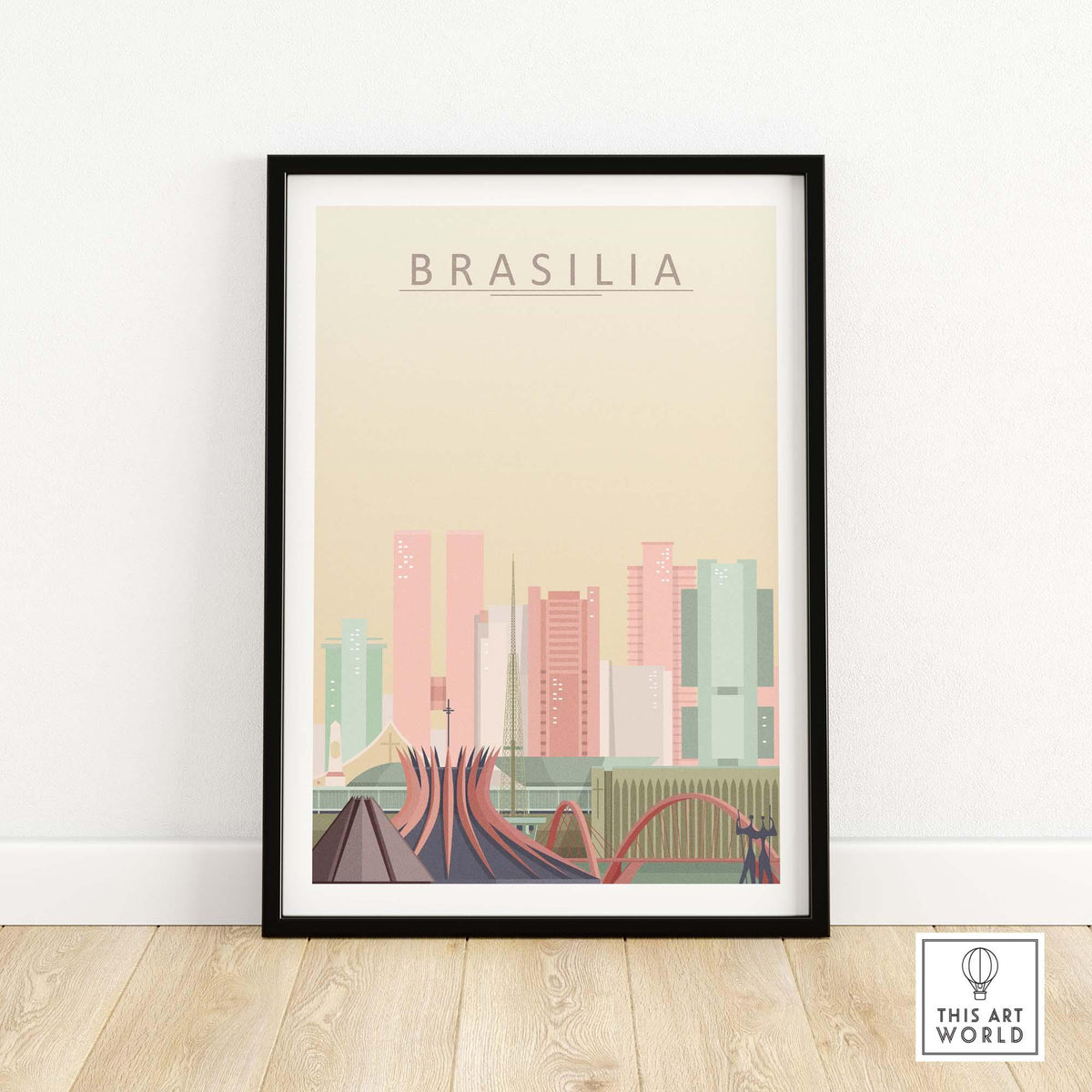 Brasilia Poster featuring a stylish city skyline wall art print in soft pastel colors.