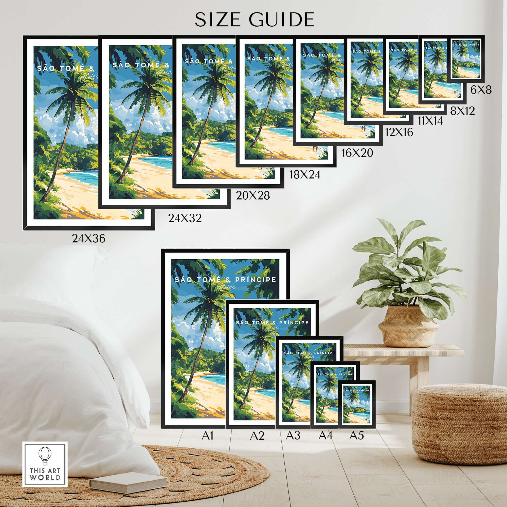 Breathtaking São Tomé & Príncipe Beach Poster Prints size guide with various frame sizes displayed.