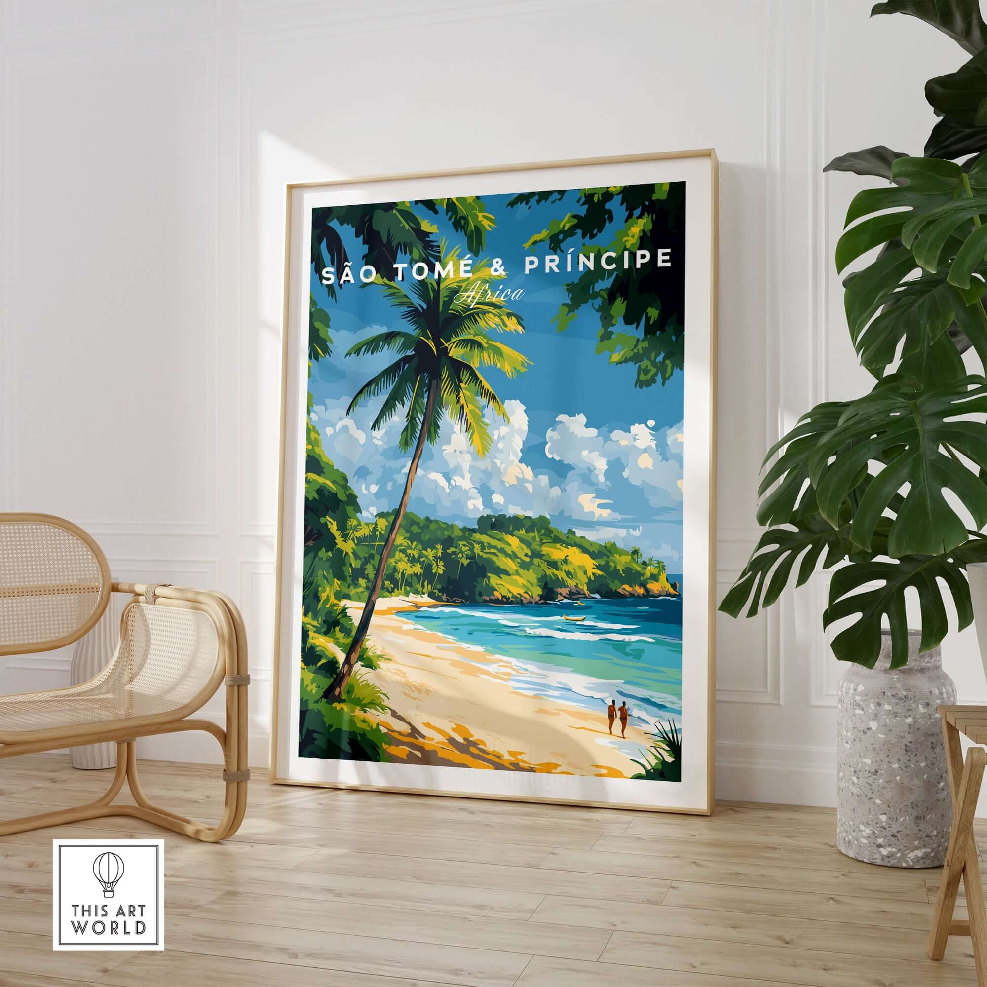 Breathtaking São Tomé & Príncipe Beach Poster Prints showcasing a palm-lined beach and blue waters in a vibrant art style.
