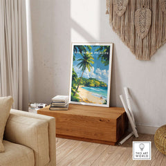Breathtaking São Tomé & Príncipe Beach Poster Prints featured in a cozy living room setting with tropical decor.