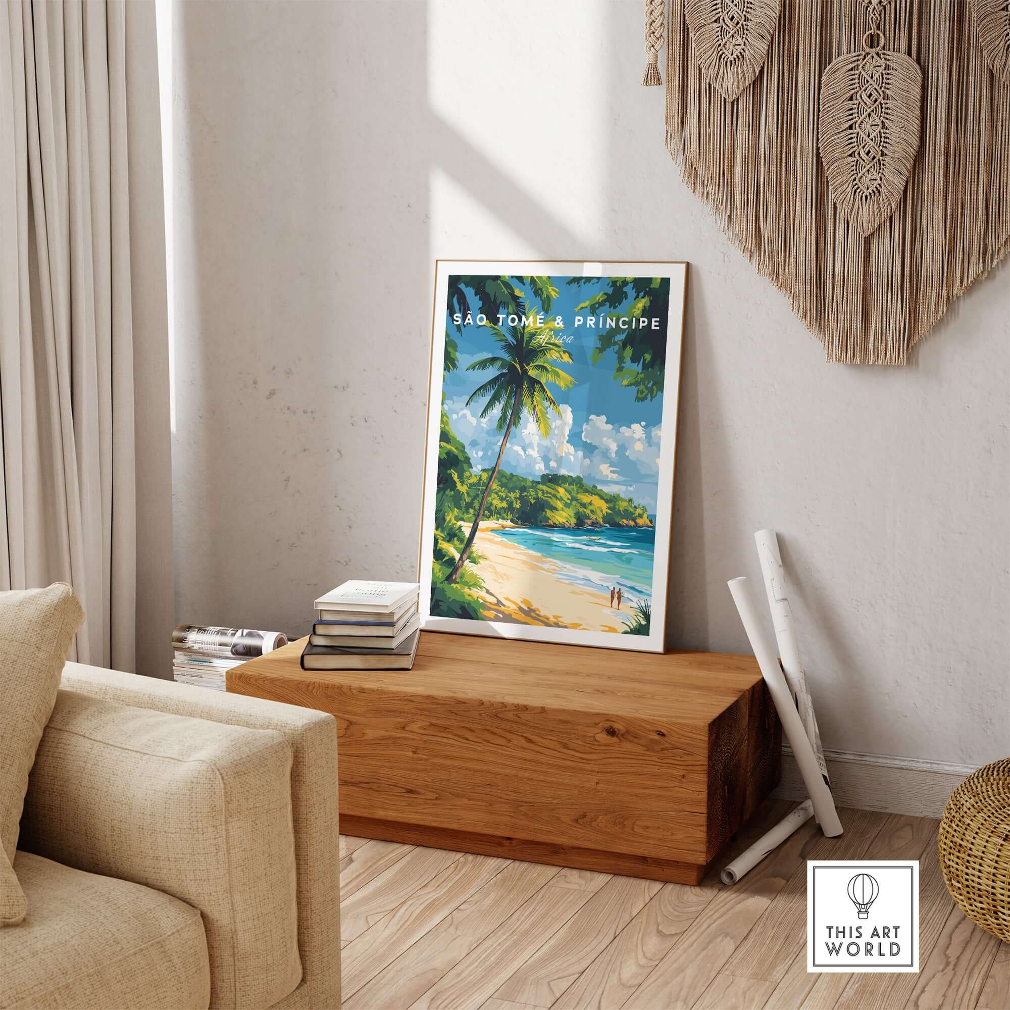 Breathtaking São Tomé & Príncipe Beach Poster Prints featured in a cozy living room setting with tropical decor.