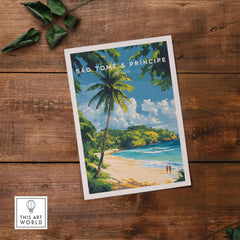 Breathtaking São Tomé & Príncipe Beach Poster Prints featuring a tropical beach scene with palm trees and blue waters.