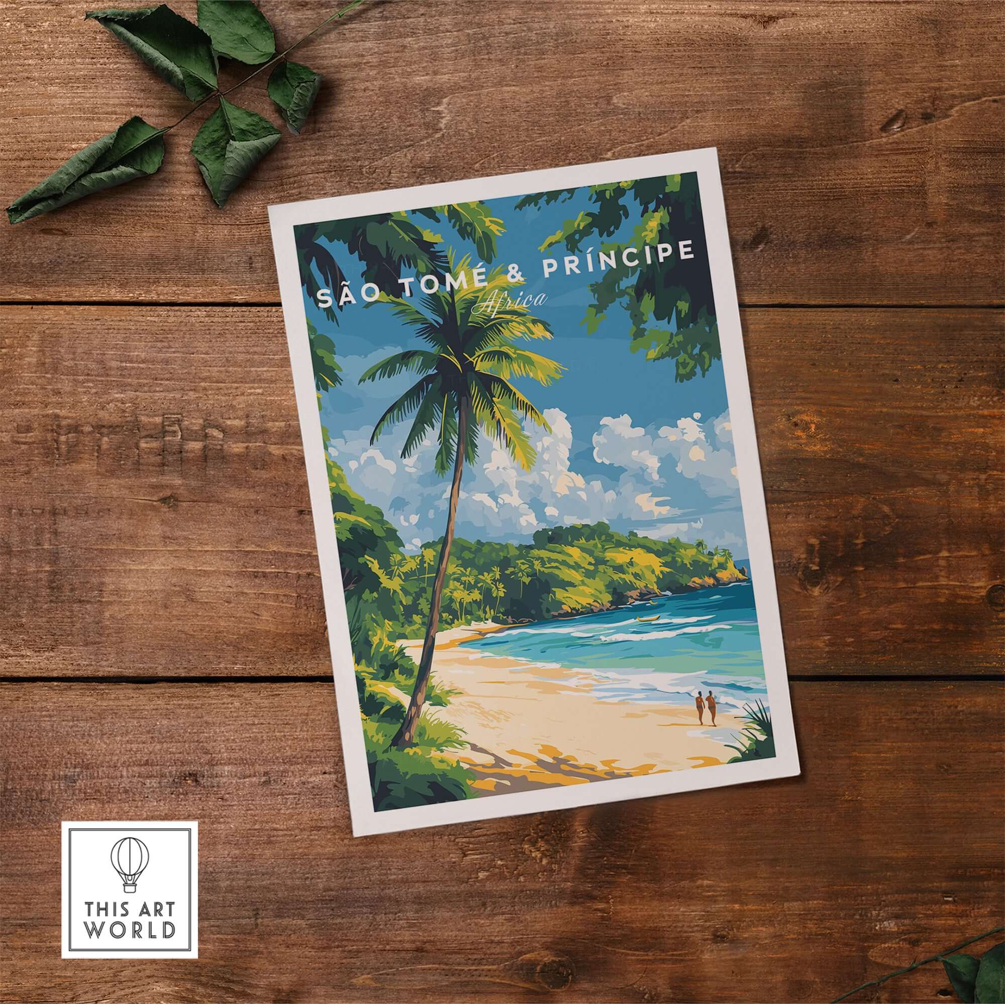 Breathtaking São Tomé & Príncipe Beach Poster Prints featuring a tropical beach scene with palm trees and blue waters.
