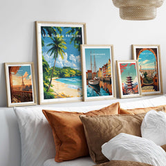 Breathtaking São Tomé & Príncipe Beach Poster Prints displayed in stylish frames on a cozy couch.
