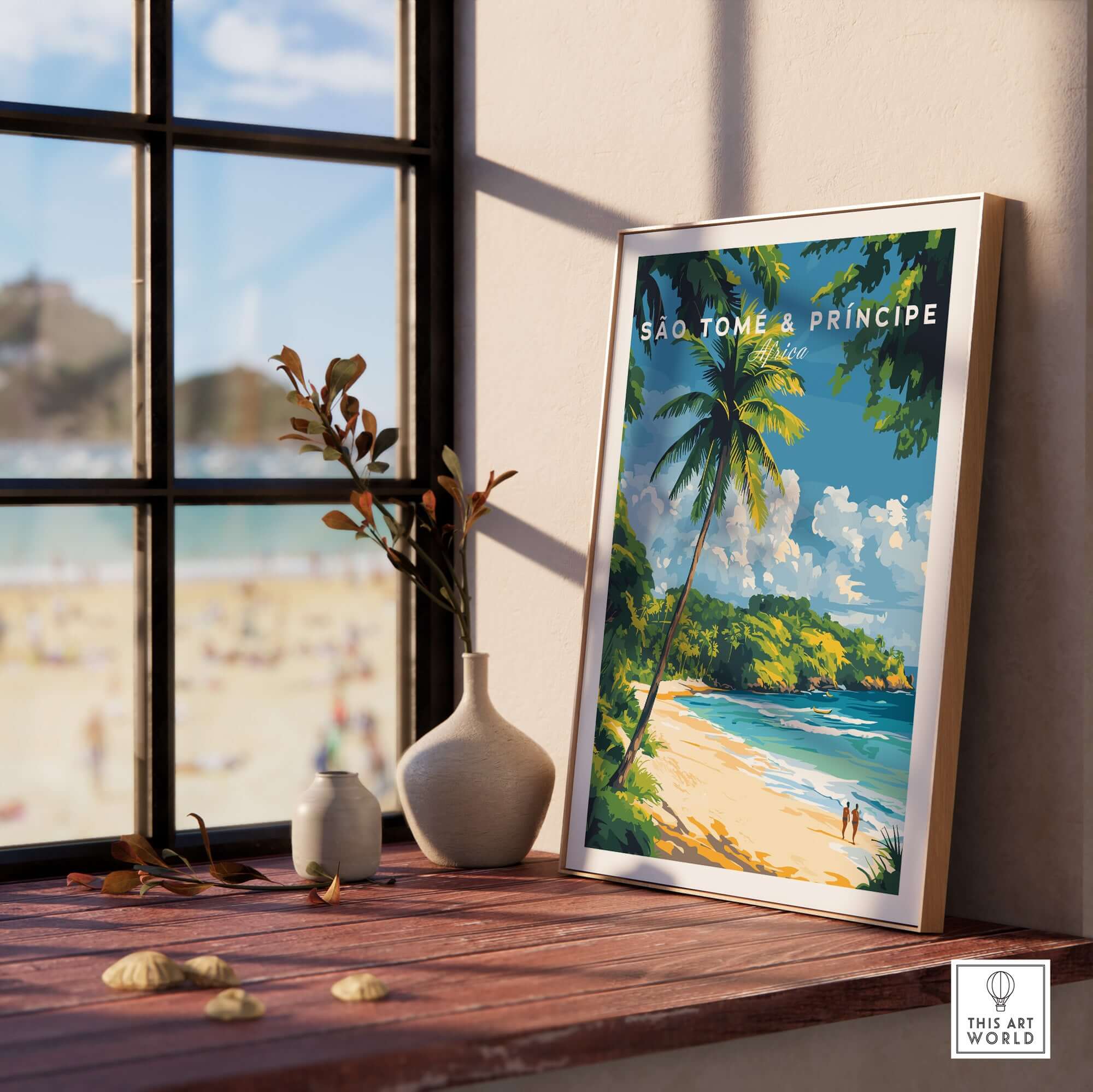 Breathtaking São Tomé & Príncipe Beach Poster Prints displayed by a window, showcasing tropical beauty and vibrant colors.