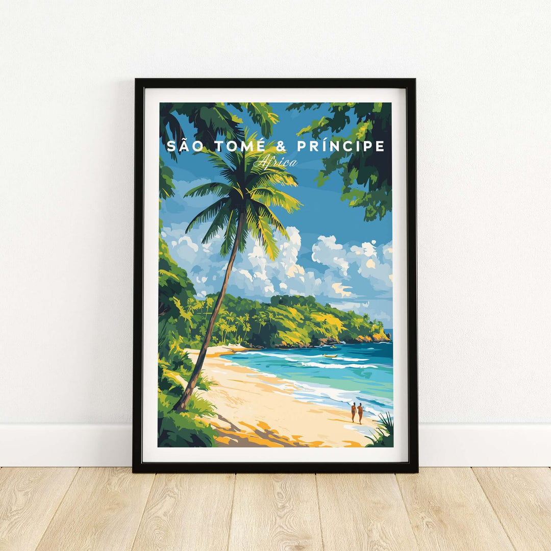 São Tomé & Príncipe beach poster print featuring palm trees and turquoise water, perfect for home decor.