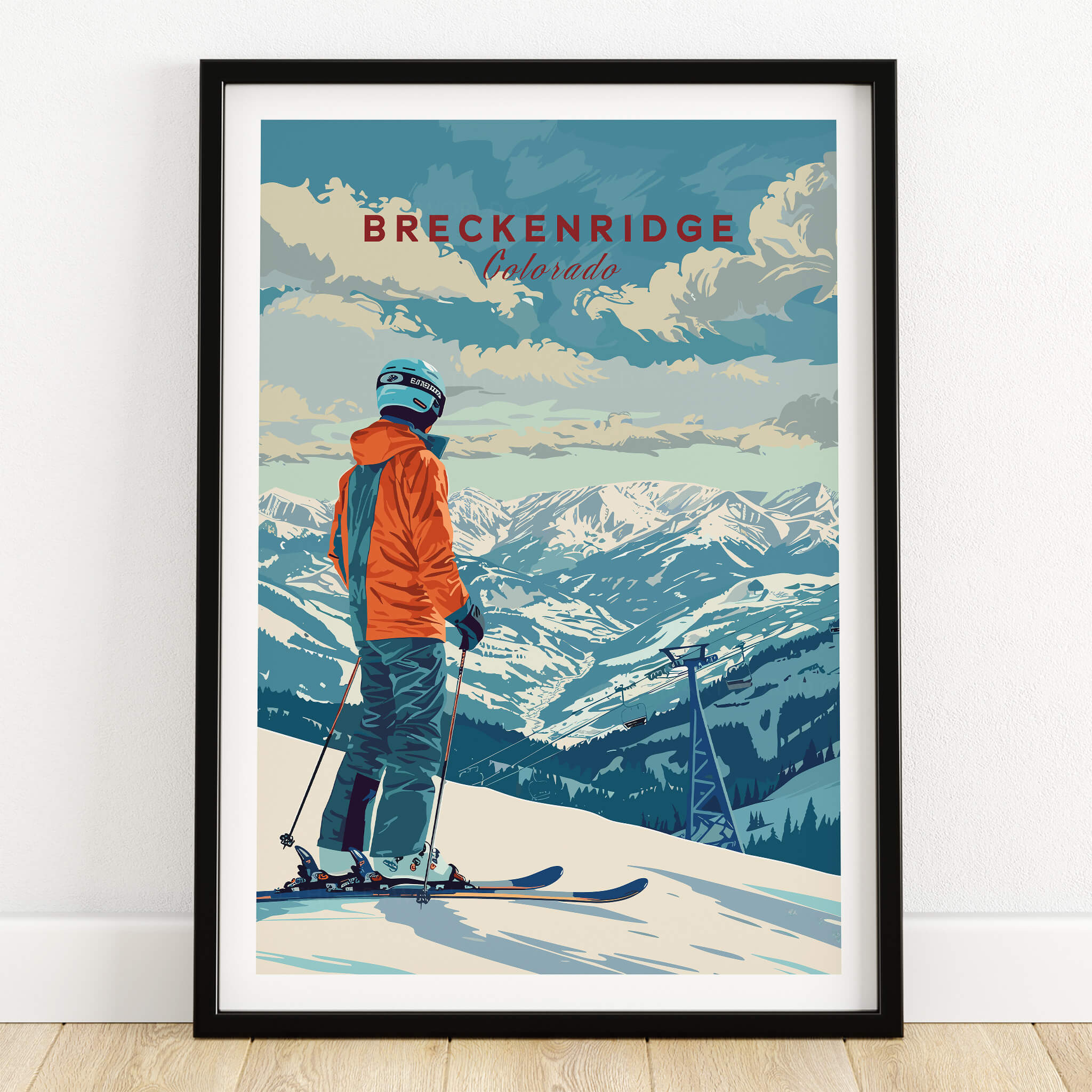 Breckenridge Travel Poster - Colorado featuring a skier overlooking the mountains of Breckenridge, Colorado.