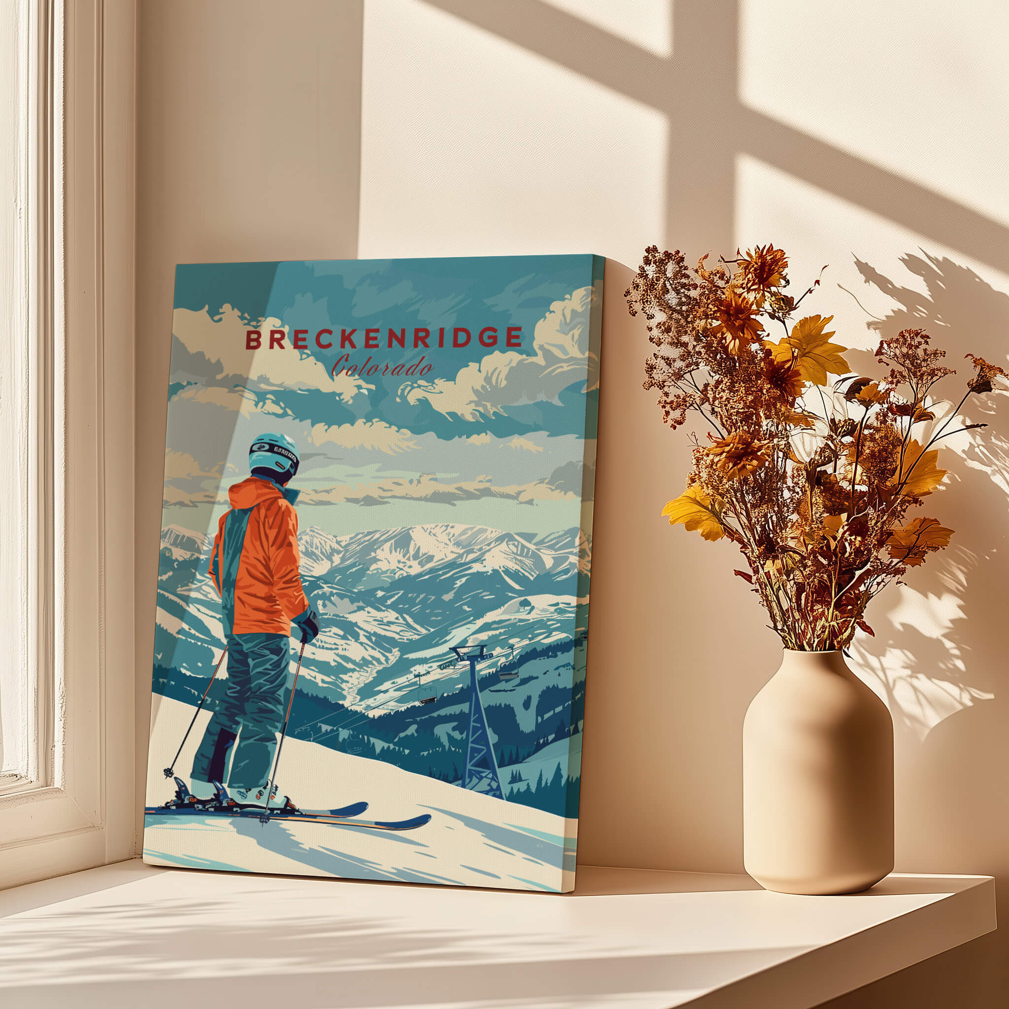 Breckenridge Travel Poster - Colorado showcasing a skier on the slopes with mountains in the background.