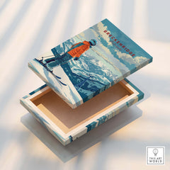 Breckenridge Travel Poster - Colorado displayed on a decorative box featuring a skier and mountain scenery.