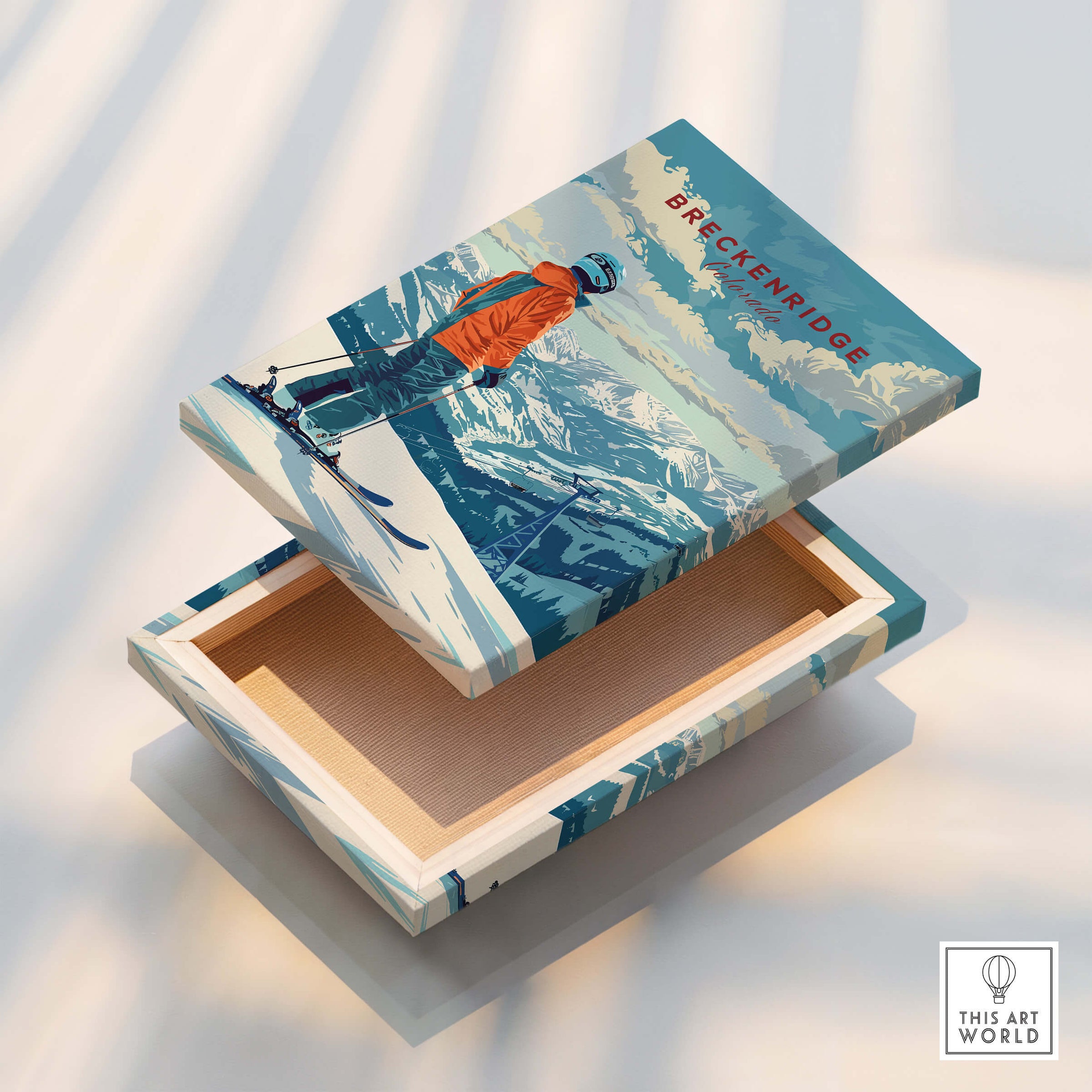Breckenridge Travel Poster - Colorado displayed on a decorative box featuring a skier and mountain scenery.
