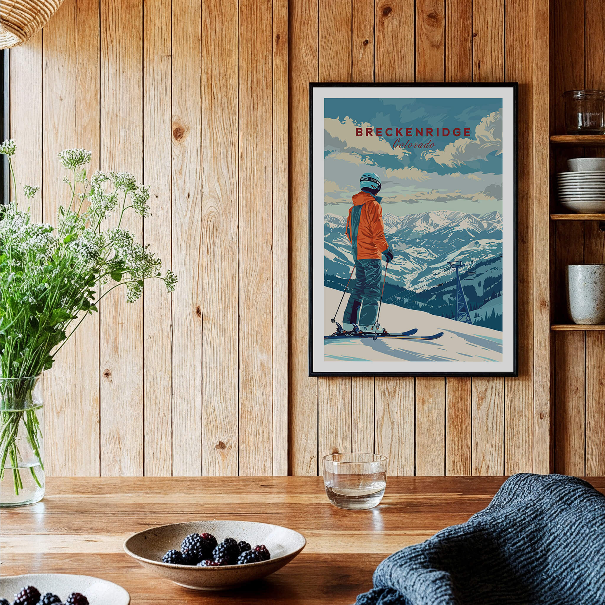 Breckenridge Travel Poster - Colorado showcasing a skier against a mountain backdrop in a rustic interior setting.