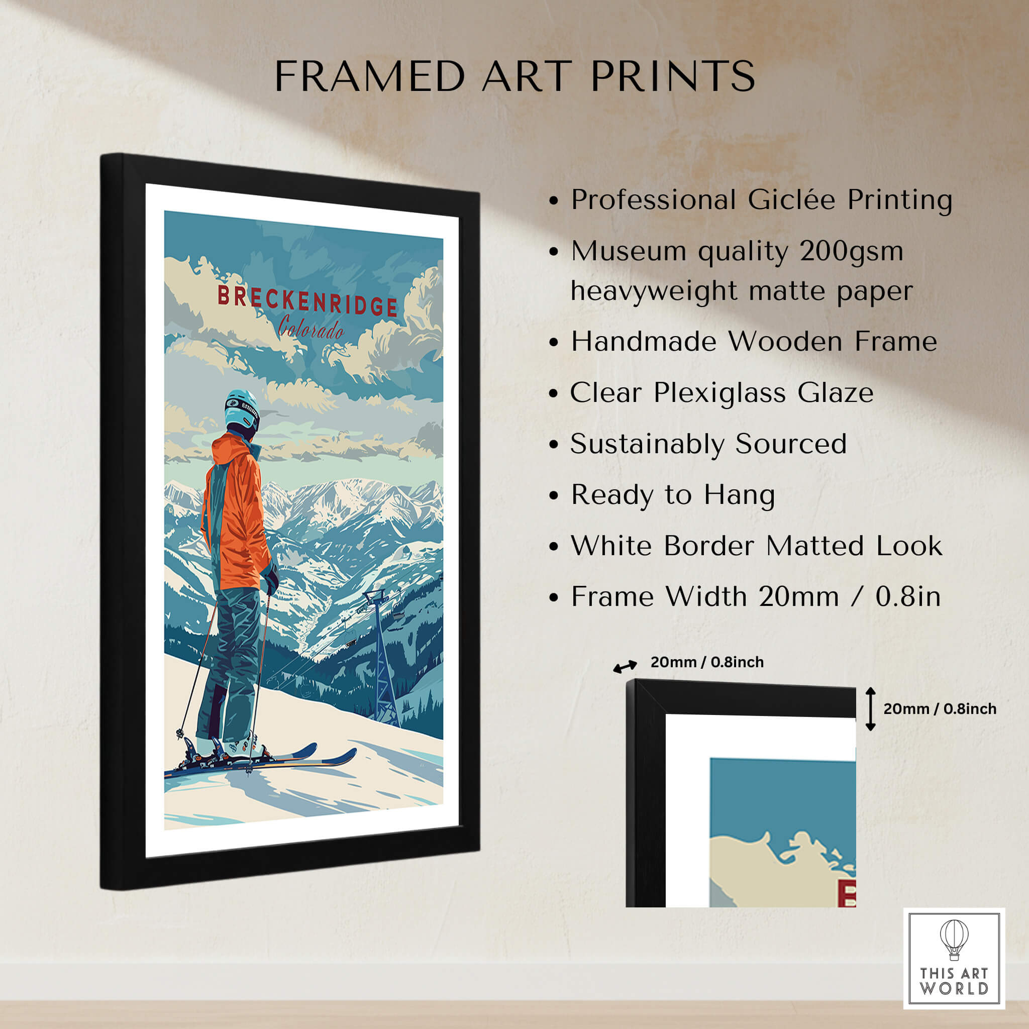 Breckenridge Travel Poster - Colorado framed art print showcasing a skier against a mountain backdrop.