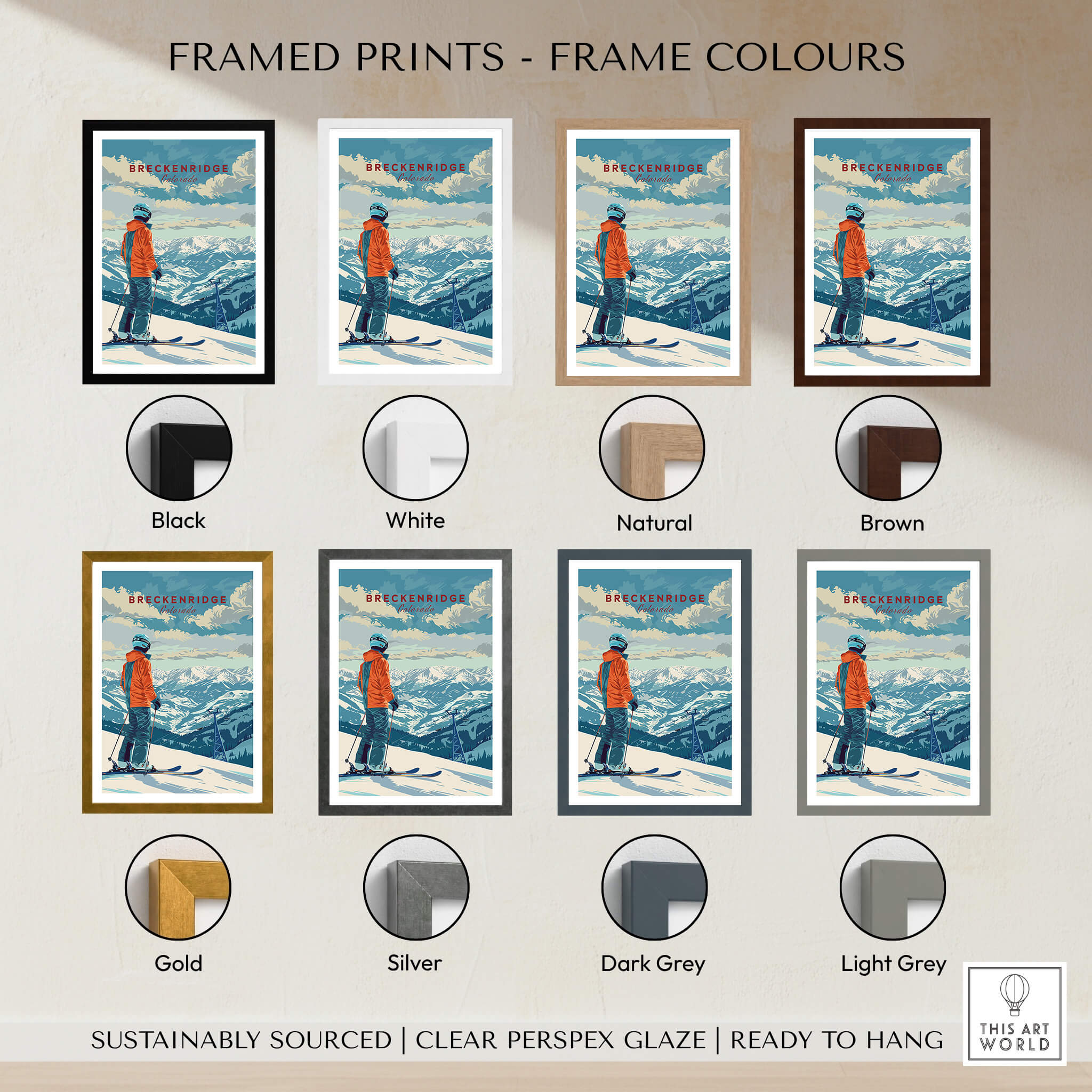 Breckenridge Travel Poster - Colorado displayed in various frame colors including black, white, natural, brown, gold, silver, dark grey, light grey.