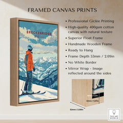 Breckenridge Travel Poster -  Colorado framed canvas print showcasing a skier against a stunning mountain backdrop.