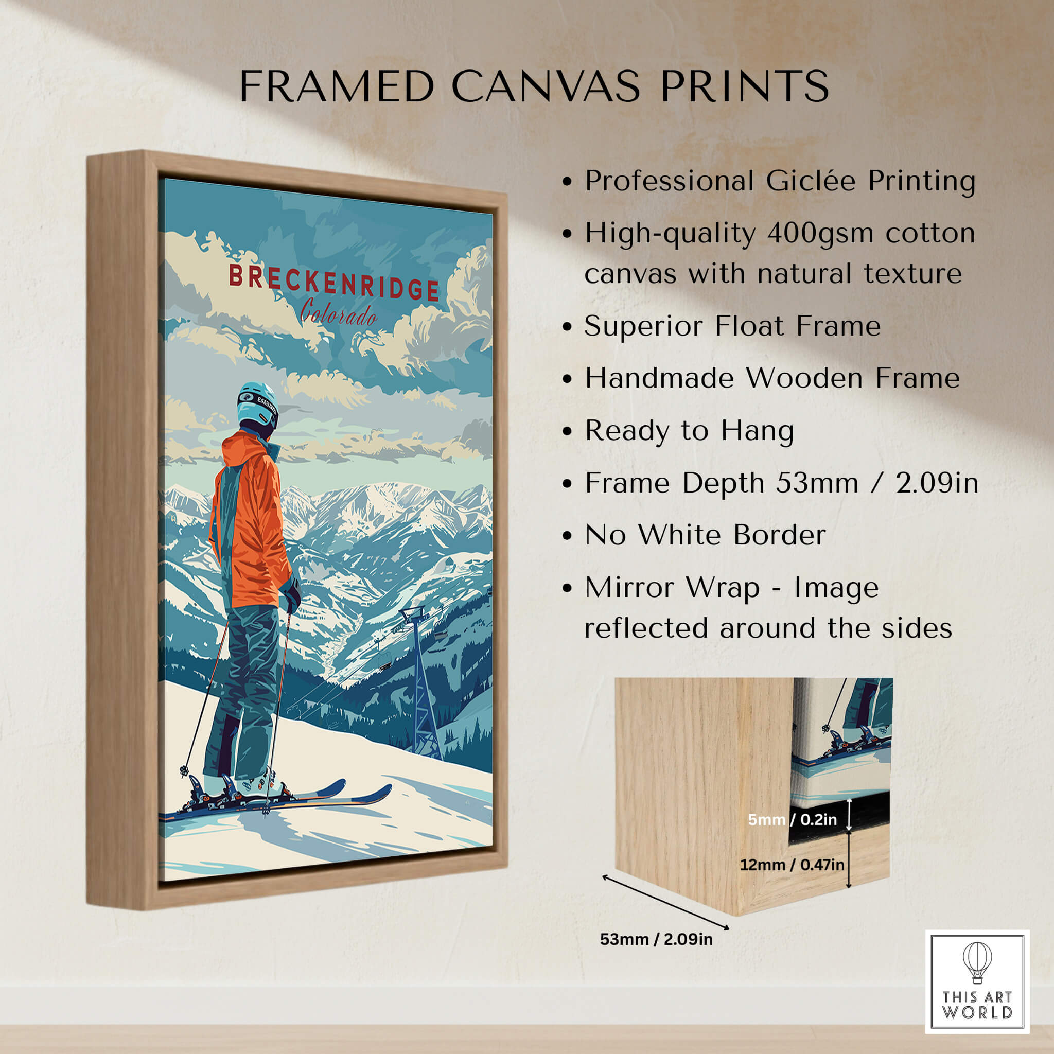 Breckenridge Travel Poster -  Colorado framed canvas print showcasing a skier against a stunning mountain backdrop.
