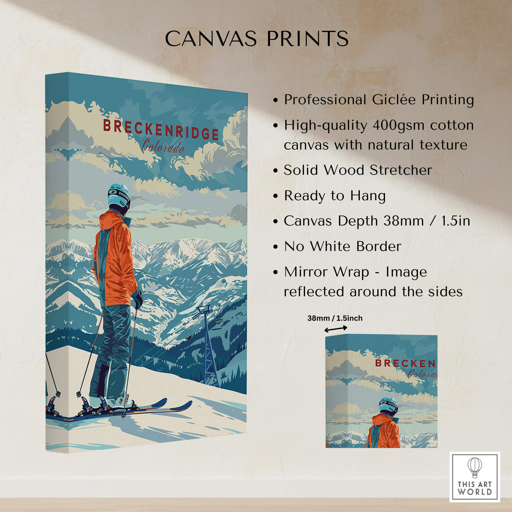 Breckenridge Travel Poster - Colorado on canvas showcasing skiing and mountainous scenery.