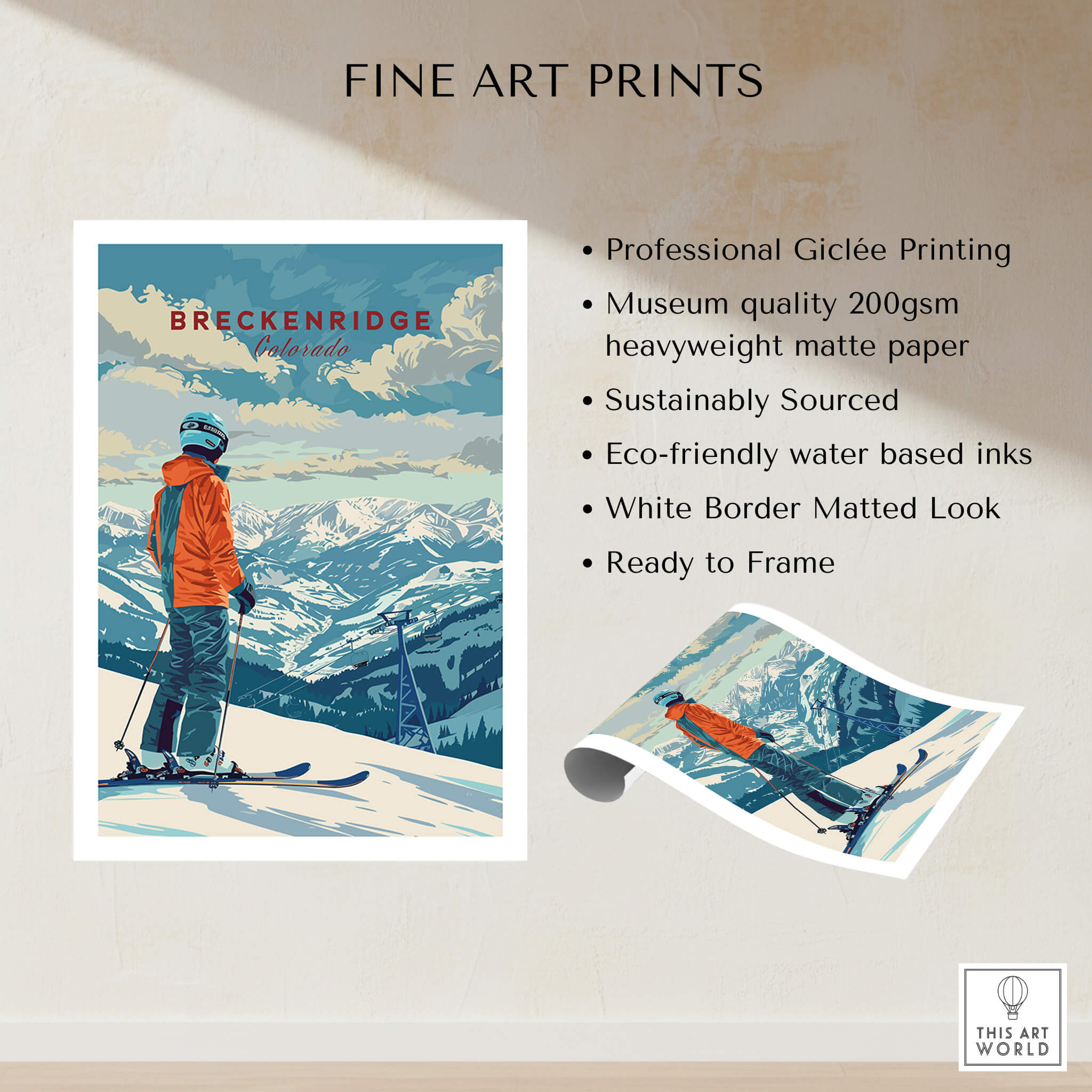 Breckenridge Travel Poster - Colorado featuring a skier against a mountainous backdrop in vibrant colors.